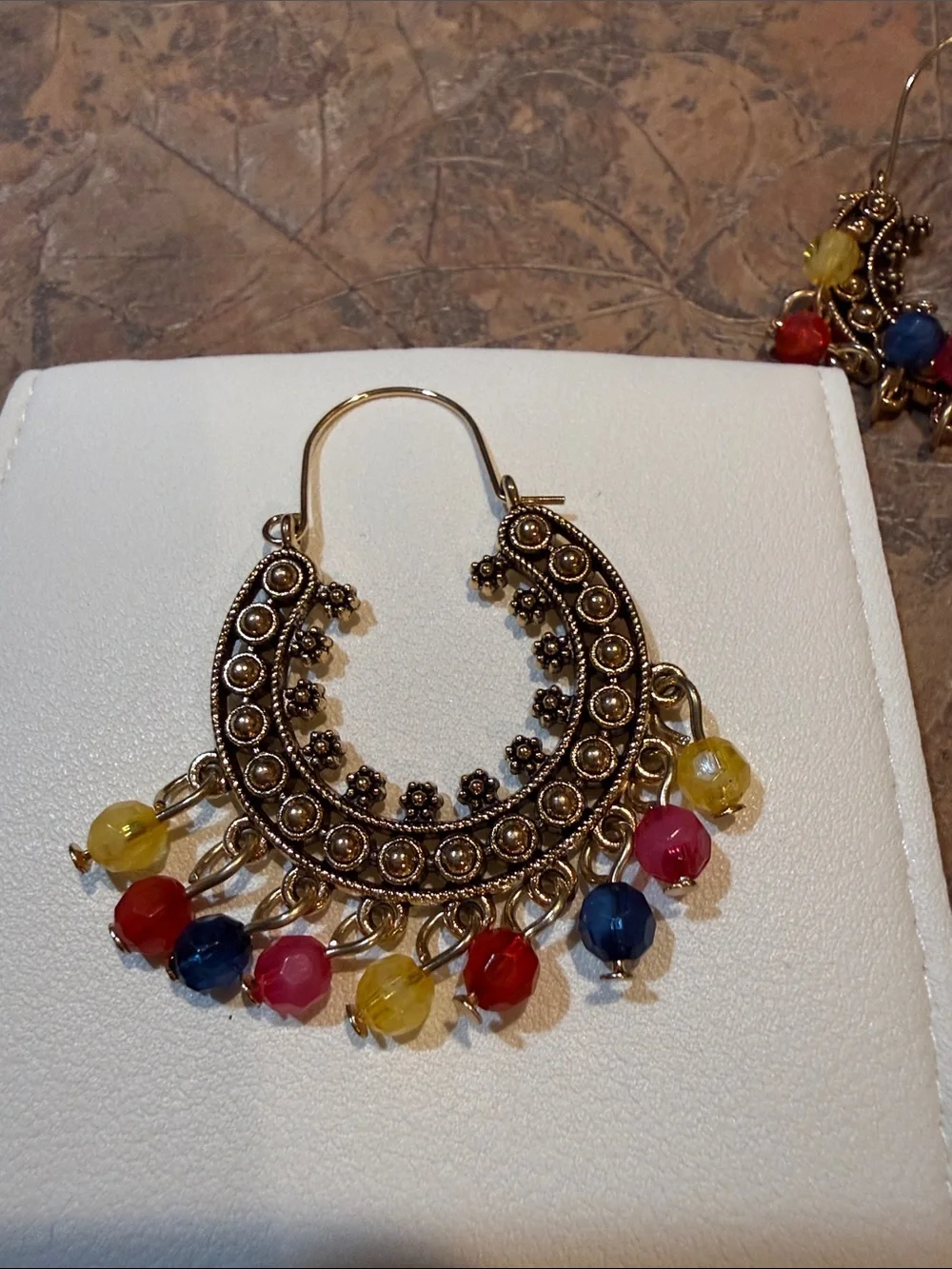 Bohemian Multicolor Beaded Hoop Earrings - Gold Tone with case never worn